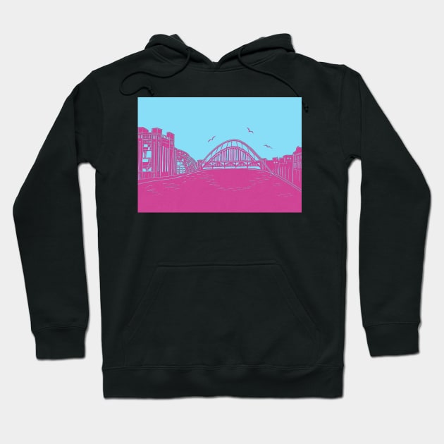 Bridges of NewcastleGateshead Quayside Linocut in Turquoise and Raspberry Hoodie by Maddybennettart